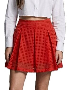 Harlowe & Graham Red Sheer Gingham Check Pleated Mini Skirt Size Small A-Line